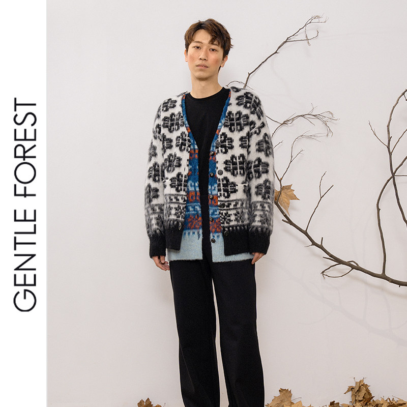 提花马海毛针织开衫提花针织衫