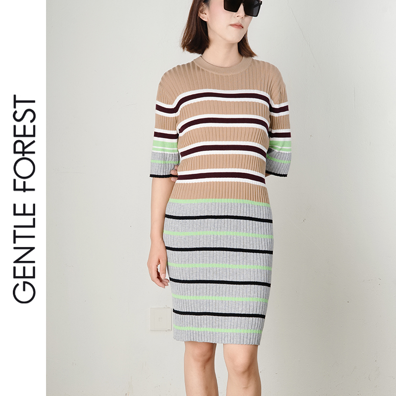 Gentle Forest【哈尼】凉感醋酸棉哈尼线条中袖针织连衣裙