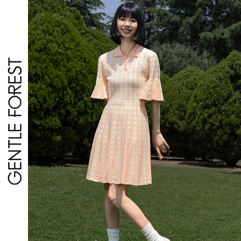 Gentle Forest【哈尼】POLO领百褶短袖针织连衣裙