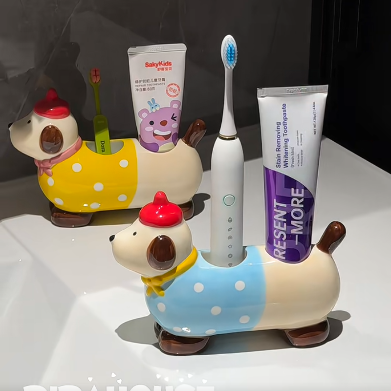 可爱腊肠狗电动牙刷架卫生间浴室台面收纳置物架漱口杯摆台式沥水