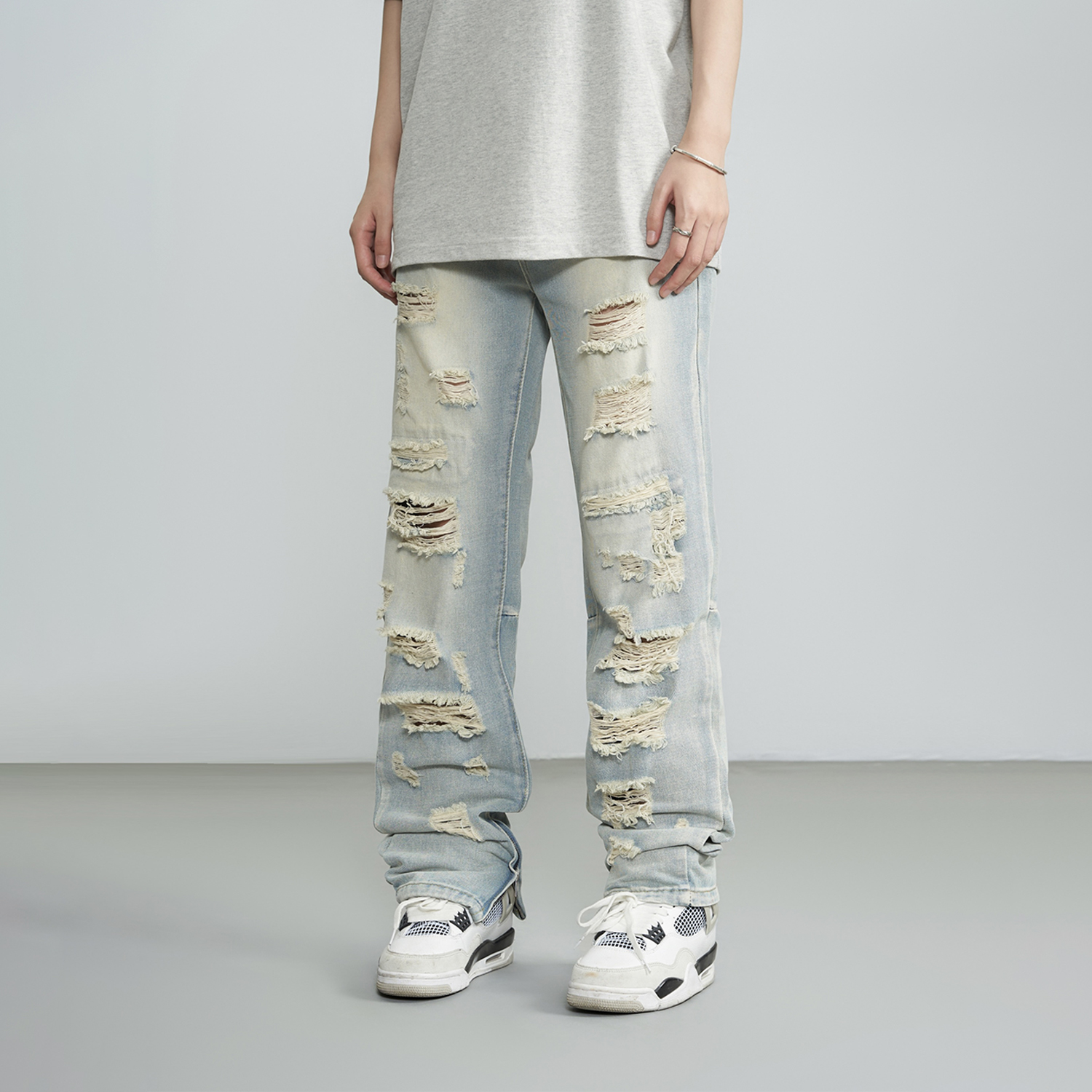 YOJOOCREW男美式牛仔裤不规则破洞牛仔裤休闲情侣高街宽松破洞