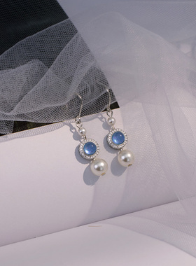 海蓝宝珍珠耳环2025新款爆款耳钩小众独特设计感高级耳坠秋冬耳饰