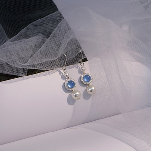 海蓝宝珍珠耳环2025新款 耳钩小众独特设计感高级耳坠秋冬耳饰 爆款