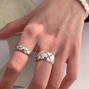 S925纯银复古斜纹菱格戒指男女轻奢高级感指环小众设计简约食指戒