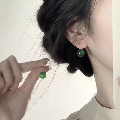 S925纯银新中式绿玛瑙小圆珠耳环国风小众显白气质耳钉配旗袍耳饰