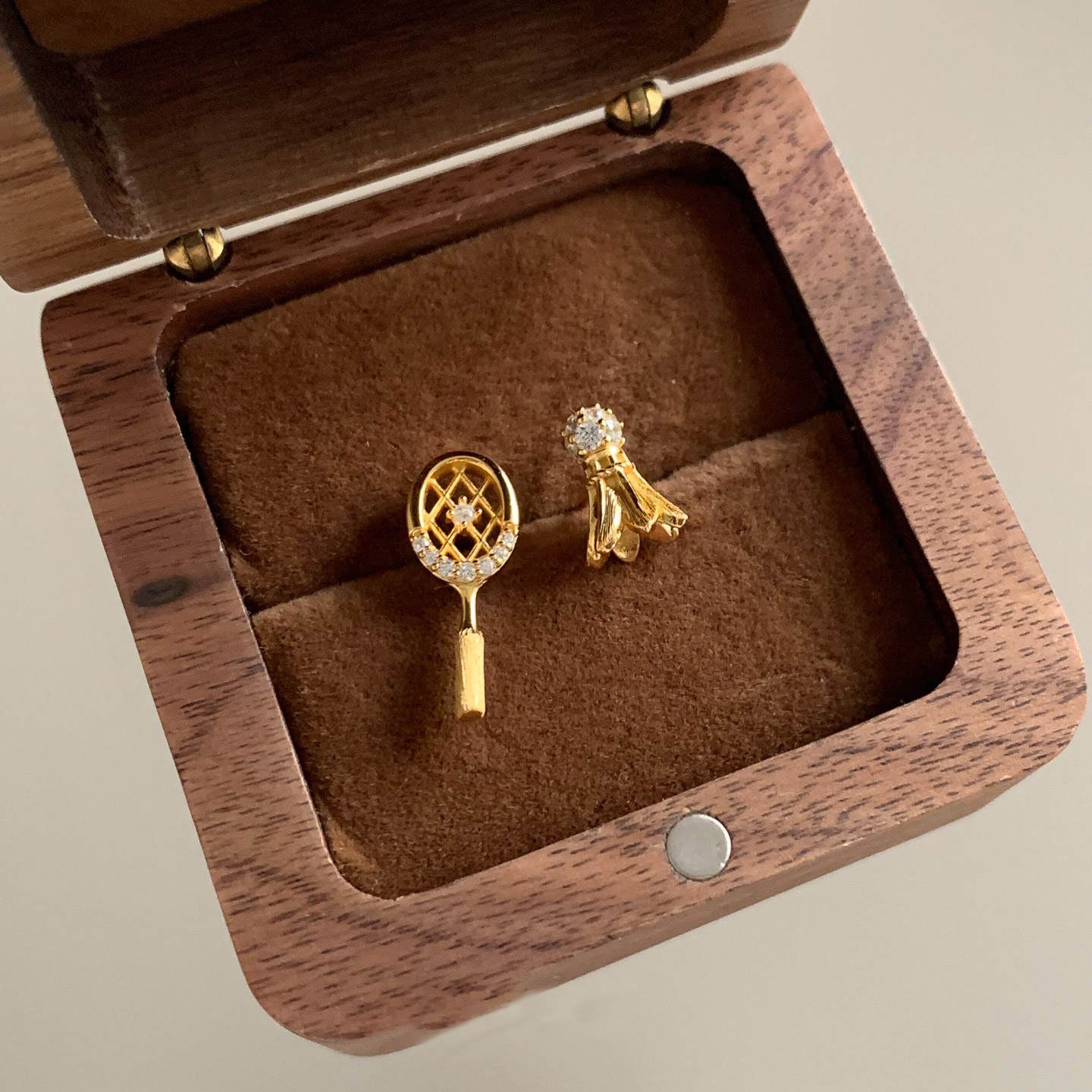 S925纯银不规则羽毛球拍耳钉女