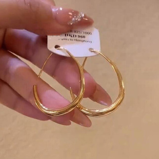 金色椭圆水滴素圈耳环2025新款 高级感轻奢小众气质简约耳圈女 爆款