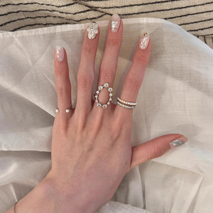 韩系叠戴闪钻椭圆戒指女轻奢高级感指环2025新款 仿珍珠排钻食指戒