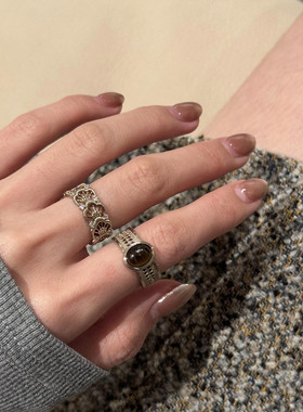 复古仿虎眼石镂空雕花戒指女小众