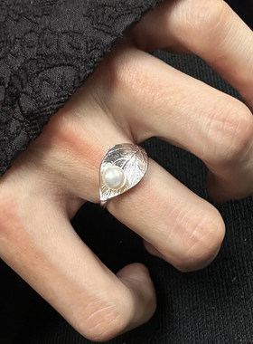 银色树叶珍珠戒指女小众设计气质