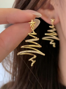 复古金色爆闪圣诞树星星耳钉女小众设计时尚个性高级感圣诞节耳饰