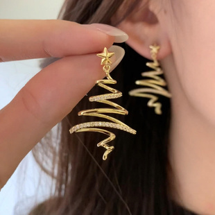复古金色爆闪圣诞树星星耳钉女小众设计时尚 高级感圣诞节耳饰 个性