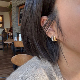 S925纯银棉花糖耳钉女小众设计感圆圈拉丝素圈耳环2025新款 高级感