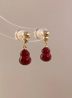 新中式复古撞色珐琅酒红葫芦耳环女小众设计秋冬耳饰独特气质耳钉