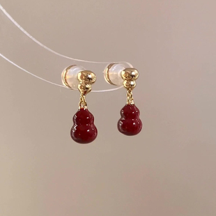新中式 复古撞色珐琅酒红葫芦耳环女小众设计秋冬耳饰独特气质耳钉