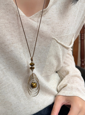 美拉德咖啡金雀羽仿虎眼石毛衣链