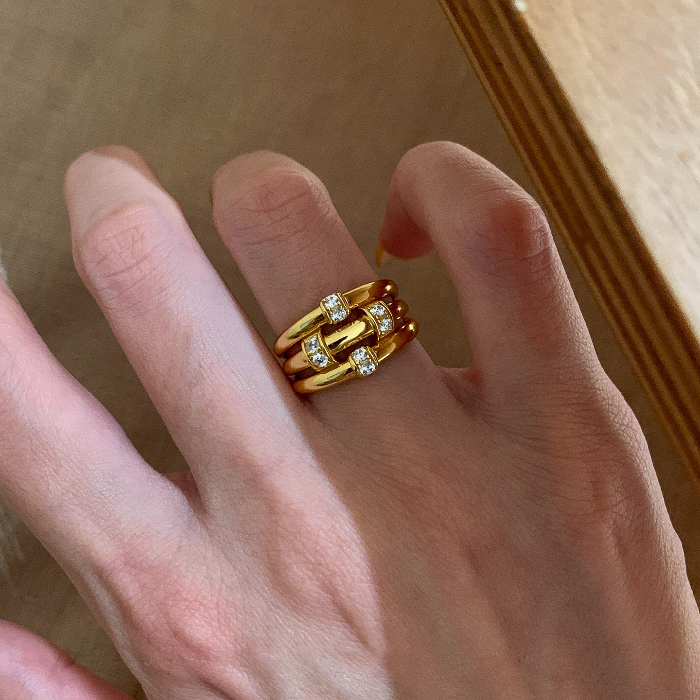 中古金色仿闪钻三环戒指女高级感精致百搭食指戒轻奢小众设计指环