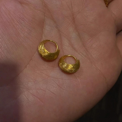 中古金色拉丝椭圆圈圈耳环高级感