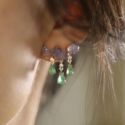 中式仿玉石爱心水滴流苏耳坠耳钉