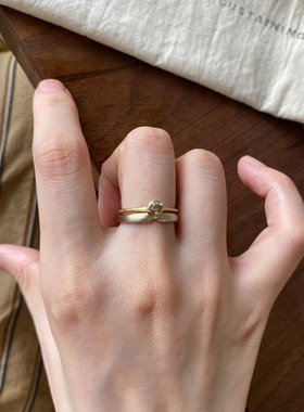 复古拉丝素圈小圆钻戒指女高级感