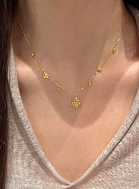 纯银爆闪金色镂空小蝴蝶项链女款