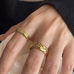 麦穗开口可调钛钢戒指女小众设计欧美简约质感金属粗细个性 指环