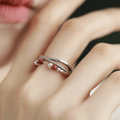纯银交叉红玛瑙戒指女小众设计