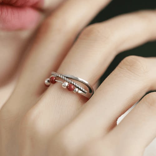 纯银交叉红玛瑙戒指女小众设计