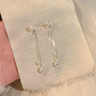 蝴蝶结珍珠流苏耳钉女小众设计耳环轻奢高级感方圆脸气质耳饰 法式