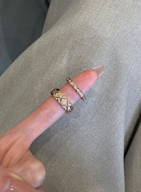 小香风宽面闪钻菱格戒指女高级感