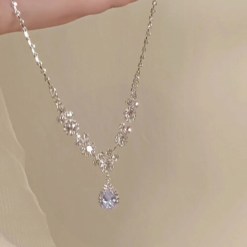 925纯银锆石吊坠花朵项链