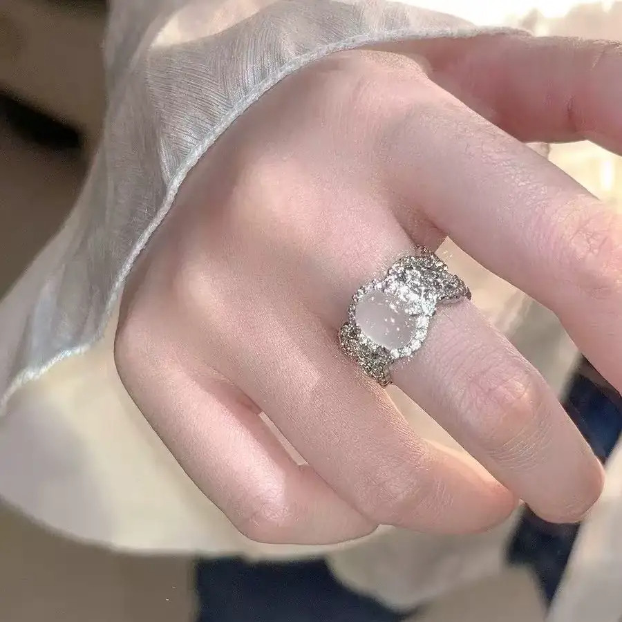 银色蕾丝宽面仿玉髓戒指女轻奢高级感可调节指环小众设计感食指戒