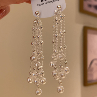 高级感轻奢小众独特耳钉 爆款 复古长款 气质仿珍珠流苏耳环2025新款
