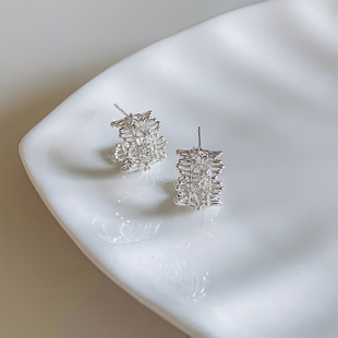 银色菱形纹理编织耳钉女小众设计独特气质耳环轻奢高级感百搭耳饰