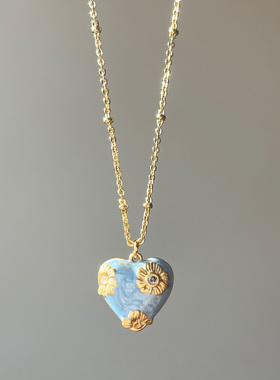 蓝色滴油花朵爱心吊坠项链女款