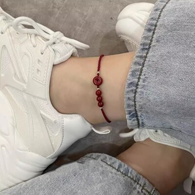 朱砂平安扣红绳脚链编织小众脚绳