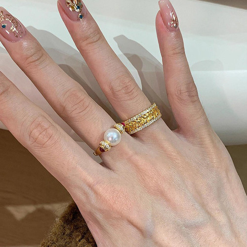 S925纯银中古风金色珍珠戒指女