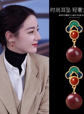 新中式复古祥云朱砂耳环2025新款爆款轻奢高级感耳坠新年红色耳钉
