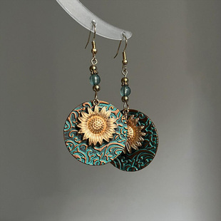 复古向日葵花纹耳环2025新款 高级感复古民族风小众独特耳坠女 爆款