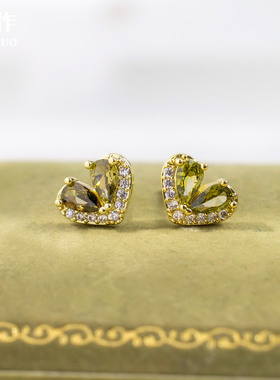 法式复古仿绿色锆石爱心耳钉2025新款爆款高级感小众独特气质耳环