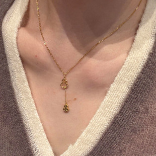 中古金色碎冰冰镂空葫芦项链高级感轻奢小众毛衣链精致气质锁骨链