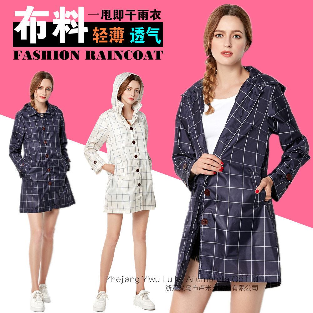 日式经典方格子可爱韩国时尚户外个性女大人成人风衣款雨衣雨披