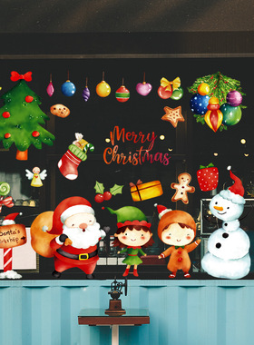 圣诞节卡通圣诞老人橱窗场景布置卧室客厅雪人装饰墙贴画 HT94028