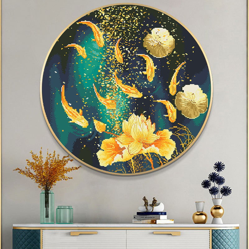 绣好的2024新款客厅满绣卧室圆形九鱼图玄关手工