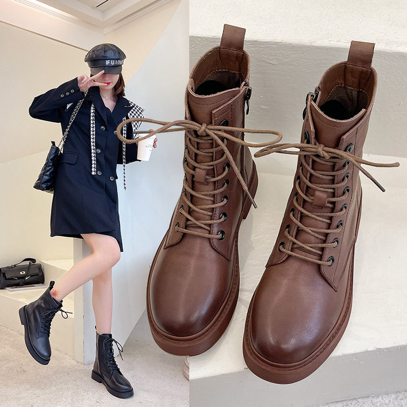 头层牛皮马丁靴女2021秋冬新款圆头英伦风黑色侧拉链短靴一件代发