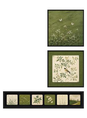 中古风绿色竹子客厅挂画级感花卉适合大白墙的装饰画置物组合画