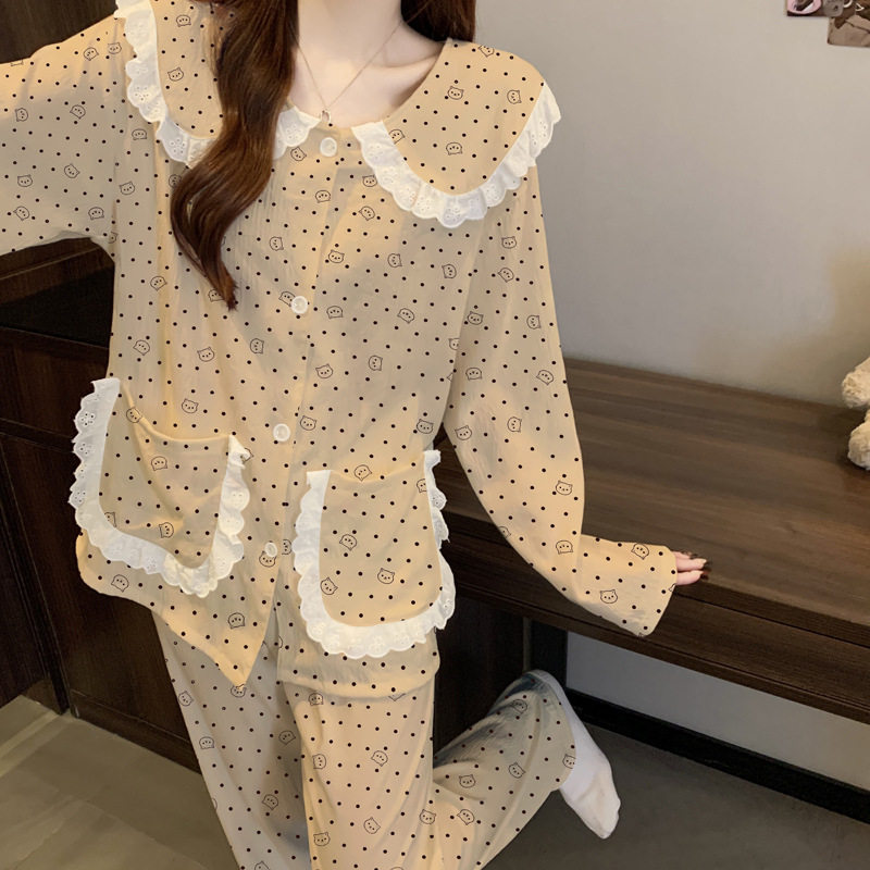高颜值ins云朵棉睡衣女春秋款长袖童趣小猫慵懒感家居服套装批发