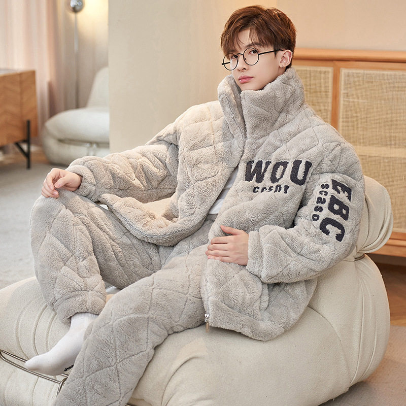 珊瑚绒睡衣男士冬季三层夹棉袄加厚加绒青少年高档大码家居服冬款