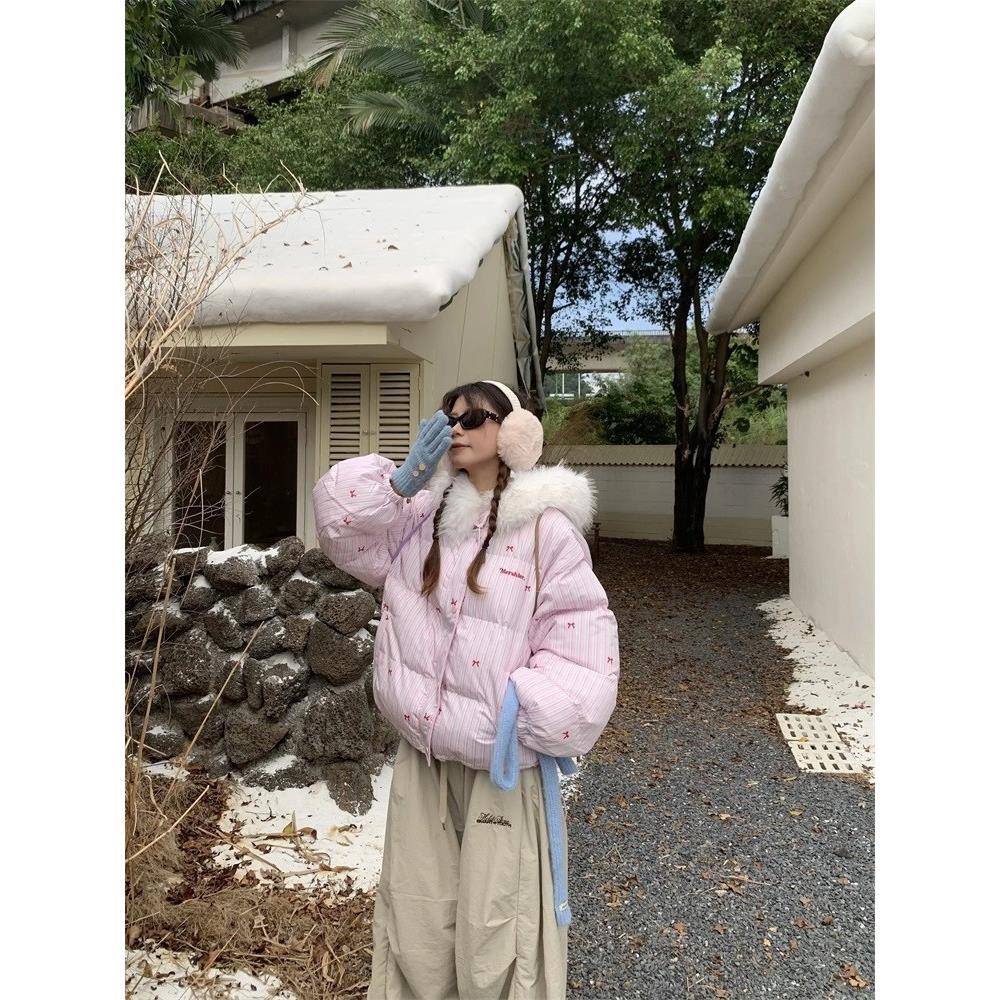 甜妹小个子条纹蝴蝶结大毛领羽绒棉服女2025冬季新款加厚棉袄外套