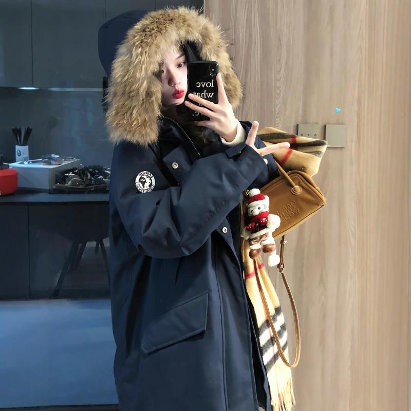 派克服棉服女2025新款冬季保暖加厚棉袄大毛领工装长版厚棉T外套